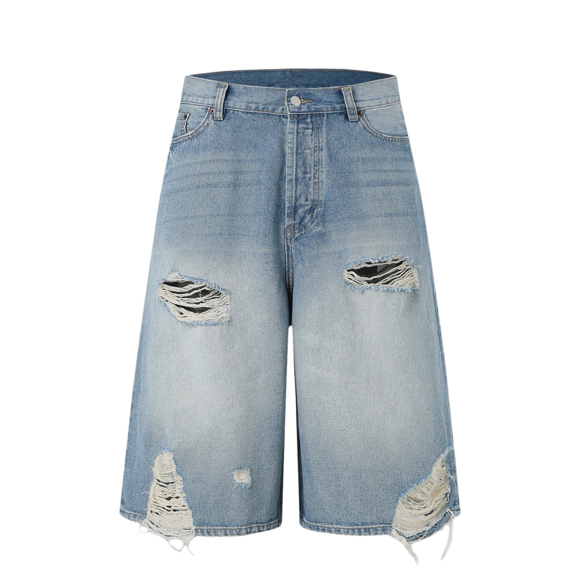 Acne Studios Heavy‑Ripped Distressed Washed Denim Wide‑Leg Jort Shorts