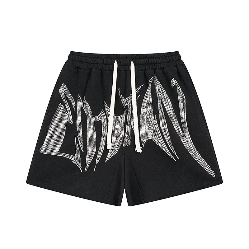 MIXED EMOTION Rhinestone Graphic Raw-Hem Shorts