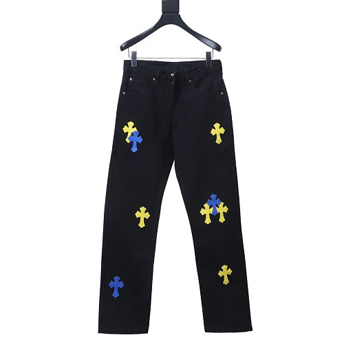 Chrome Hearts Yellow And Blue Leather Cross Patches Jeans