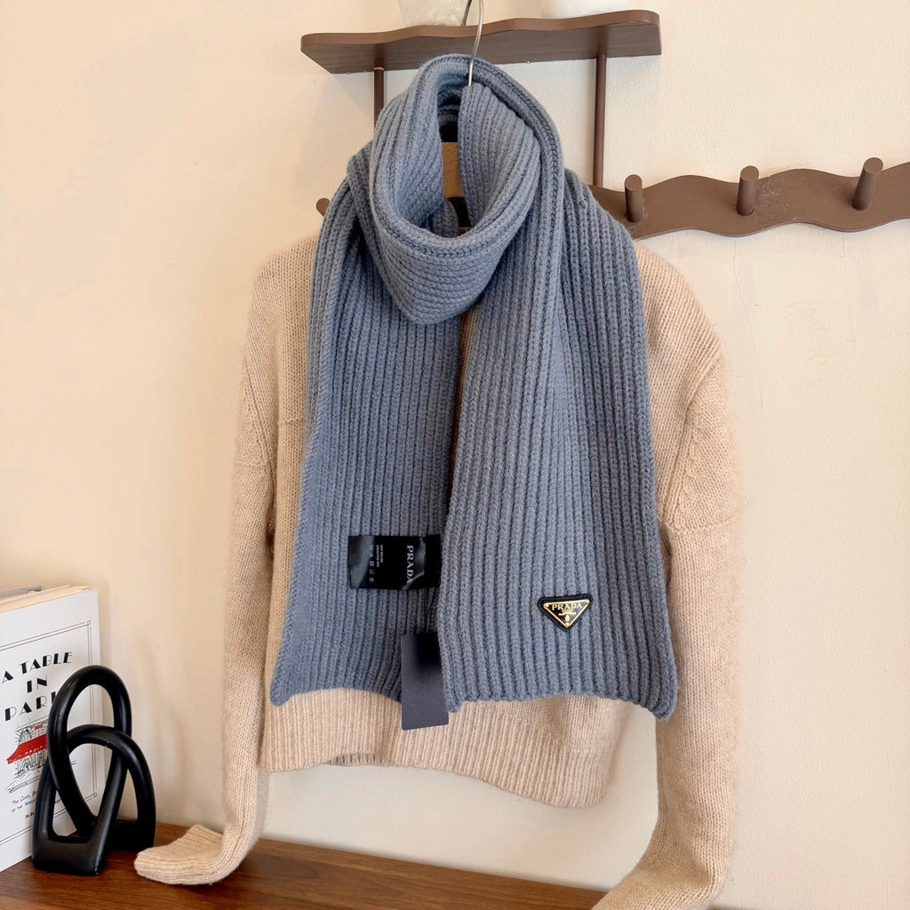 Prada Style Rib-Knit Logo Scarf