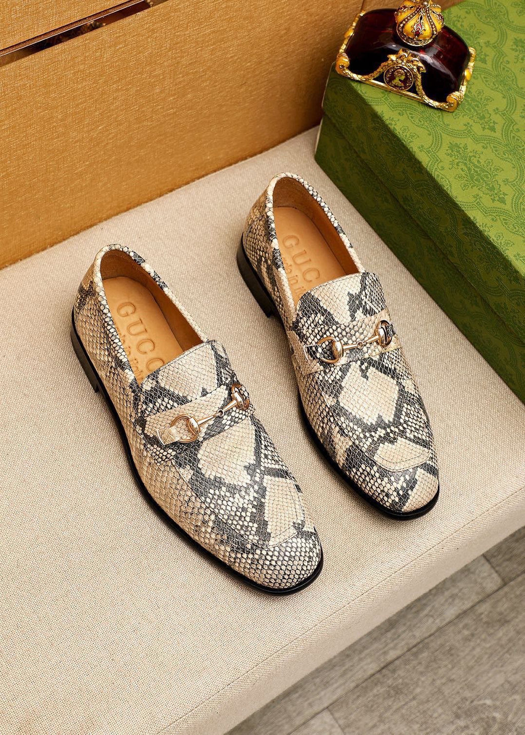 Gucci Snakeskin-Pattern Loafers - Beige and Gray Snakeskin