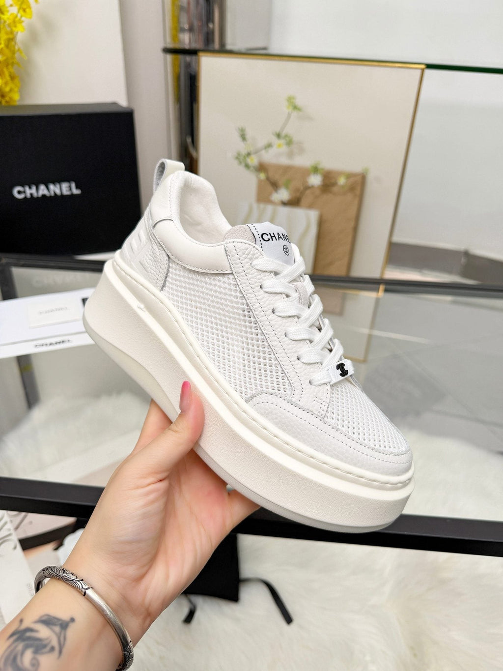 CHANEL Women's White Platform Low-Top Sneakers
