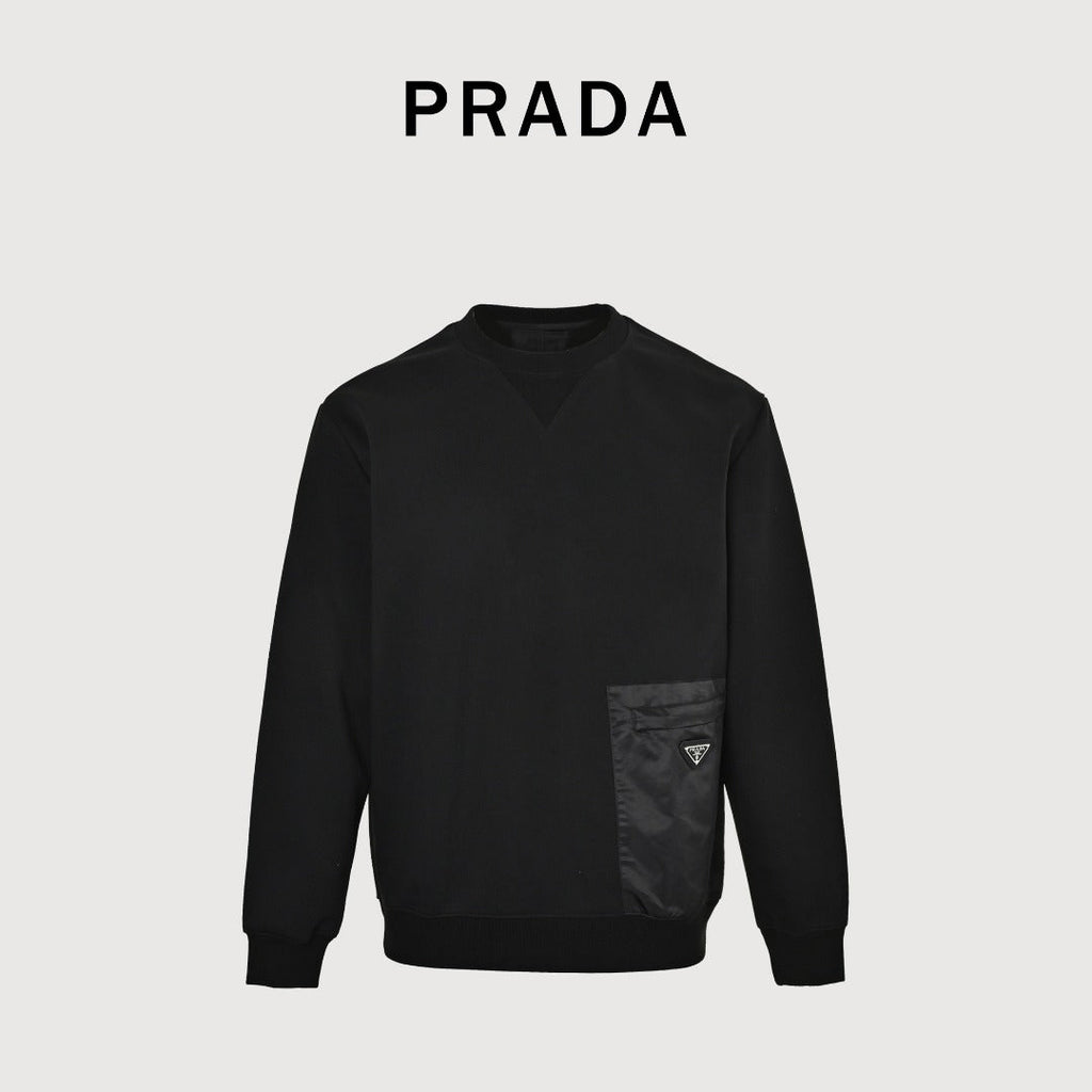 Prada Re-Nylon Chest Patch Pocket Triangle Logo Crew Neck Sweatshirt Black