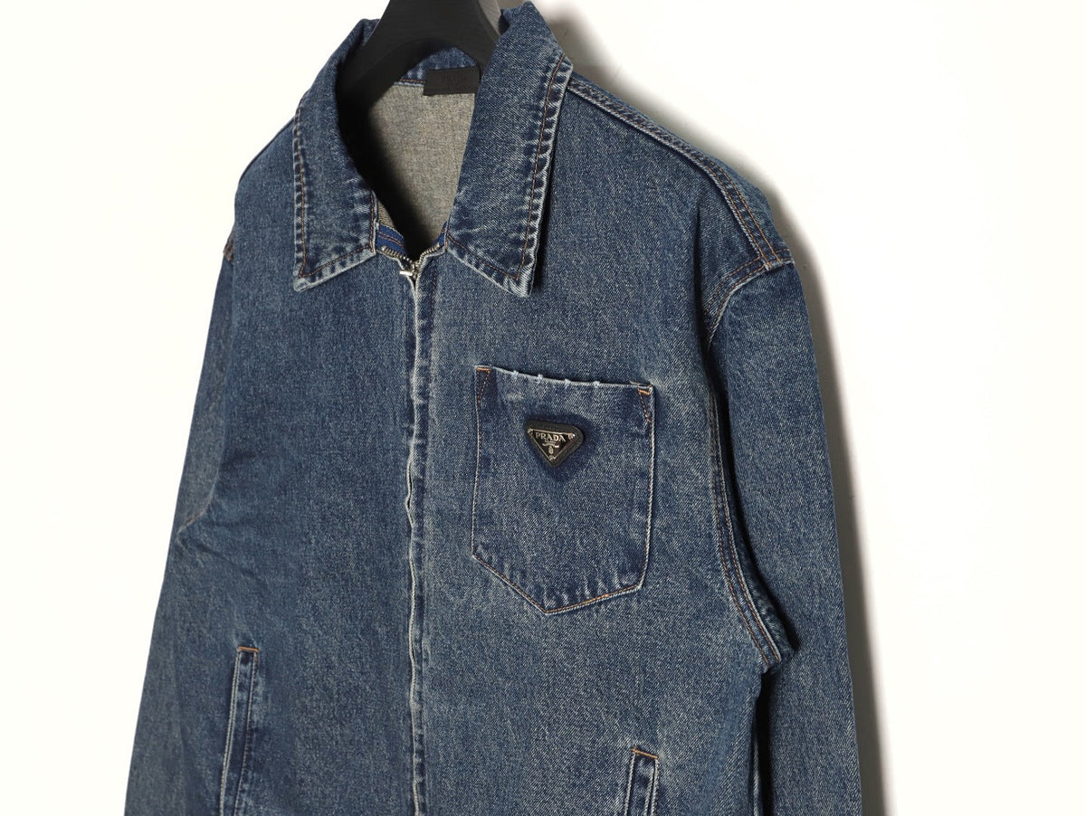 Prada Triangle-Logo Washed Zip-Up Denim Jacket - Dark Blue